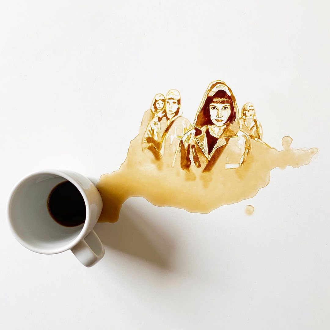 Creative art of figures drawn within a spilled coffee stain