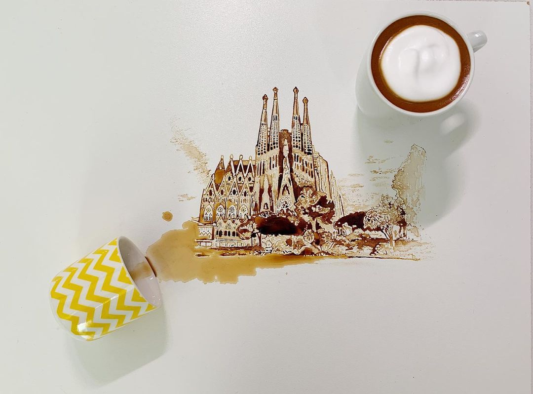 Artistic depiction of a famous architectural landmark created using spilled coffee