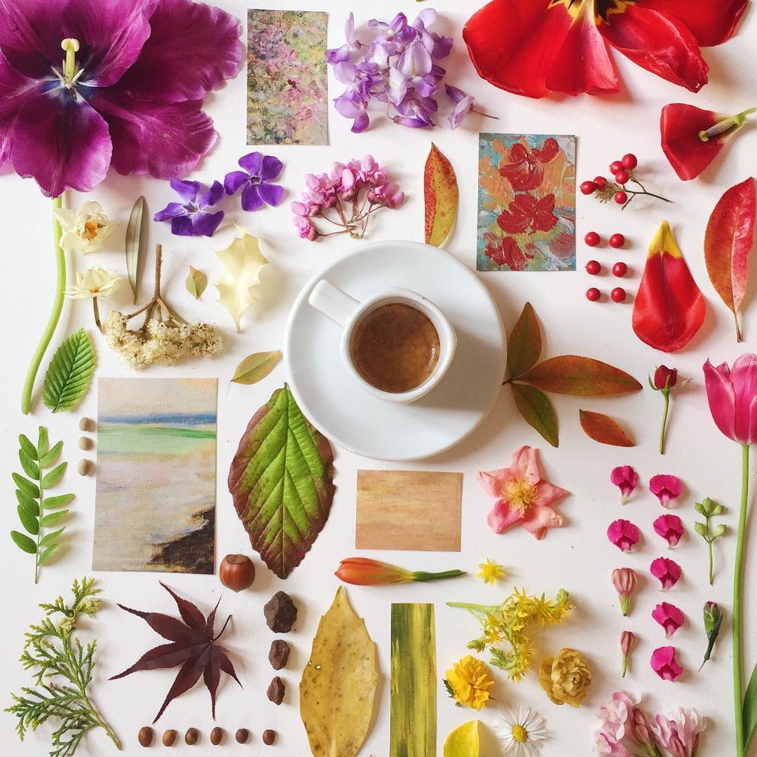 Assortment of nature's palette showcasing flowers, leaves, and art with a cup of espresso at the center