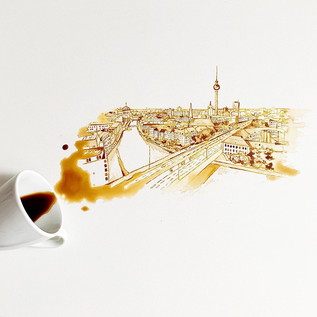 An artistic urban sketch created with coffee