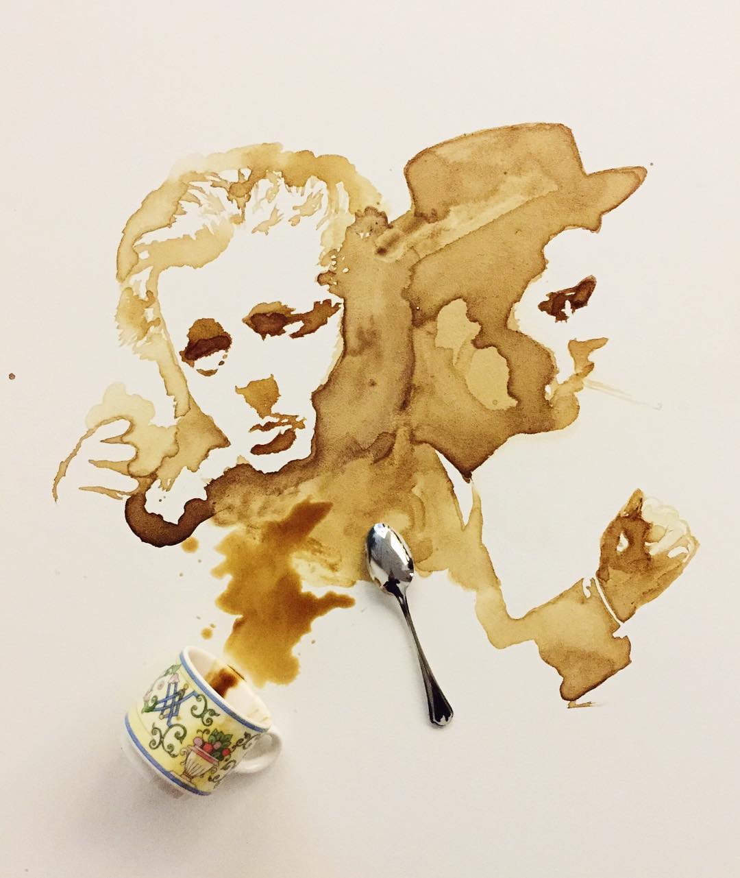 An imaginative portrait crafted from coffee spill stains