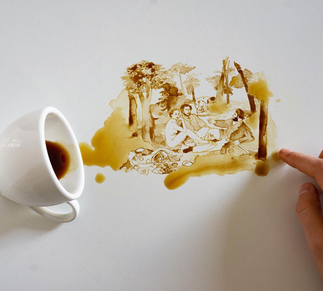 Artistic coffee spill creating a picnic scene