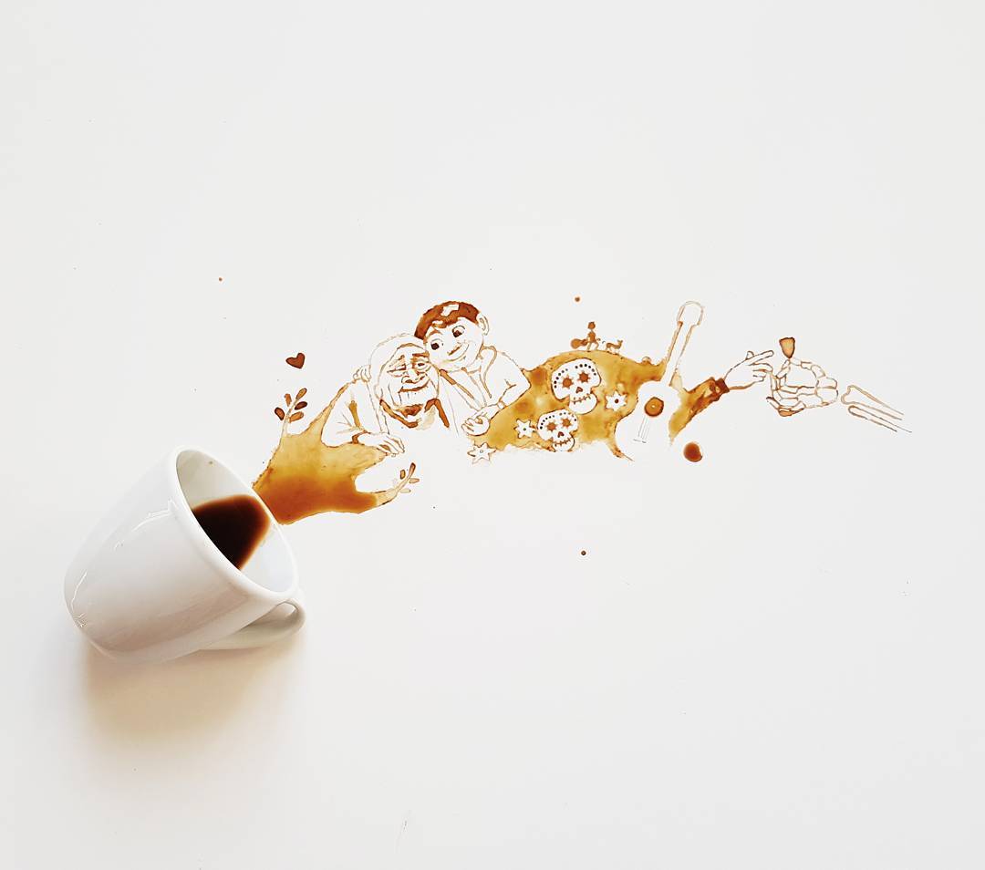 An imaginative artwork created with spilled coffee depicting an elderly person and a child in a fantastical scene