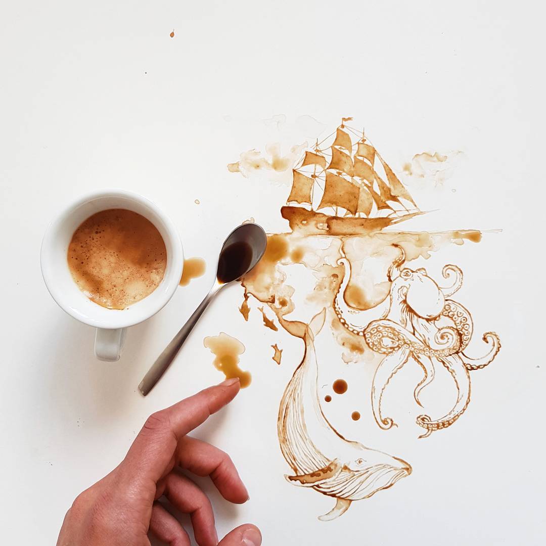 Artistic coffee-spill illustration of a ship and an octopus