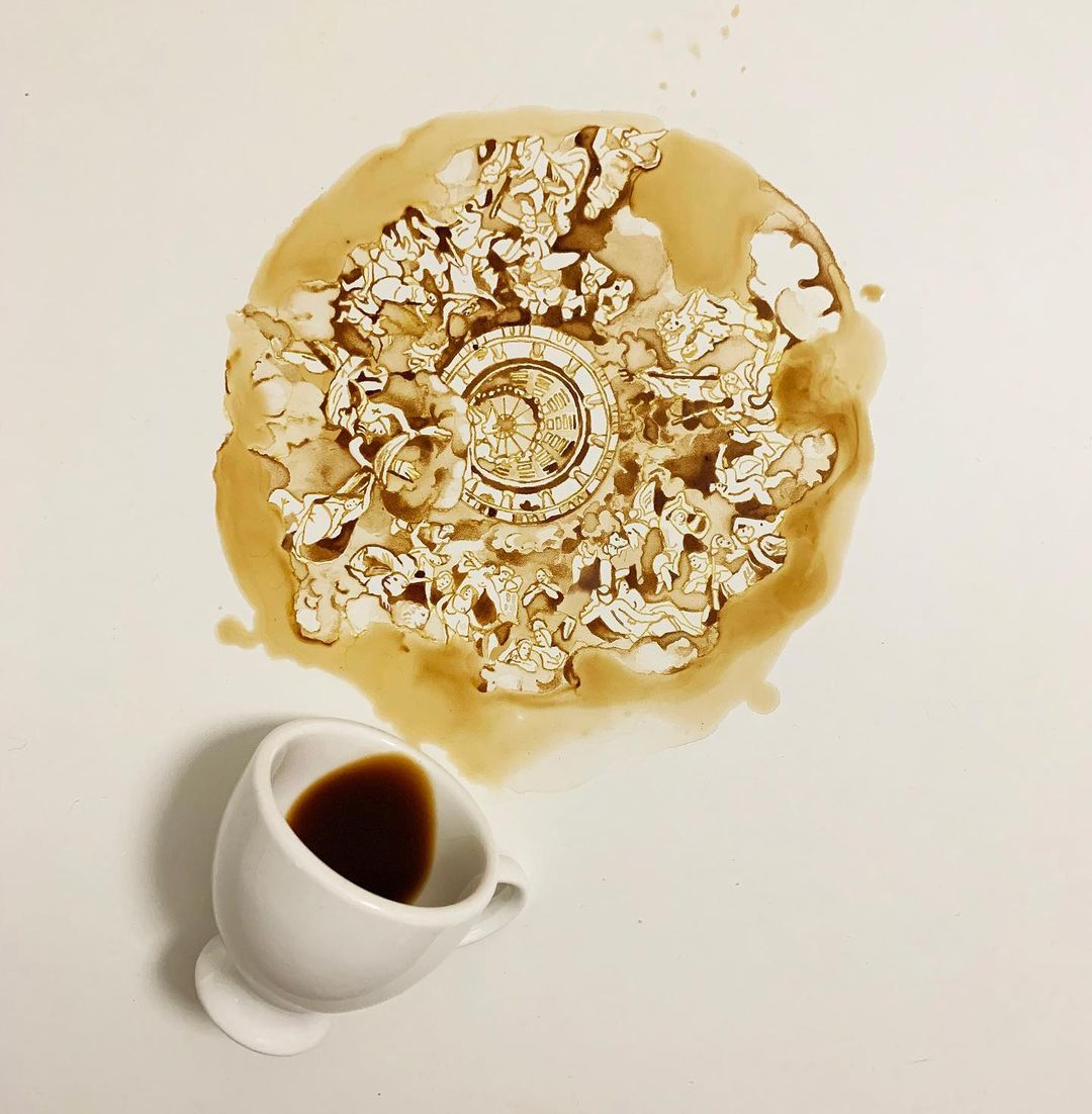 Artistic rendition of a clock and figures made with coffee spill