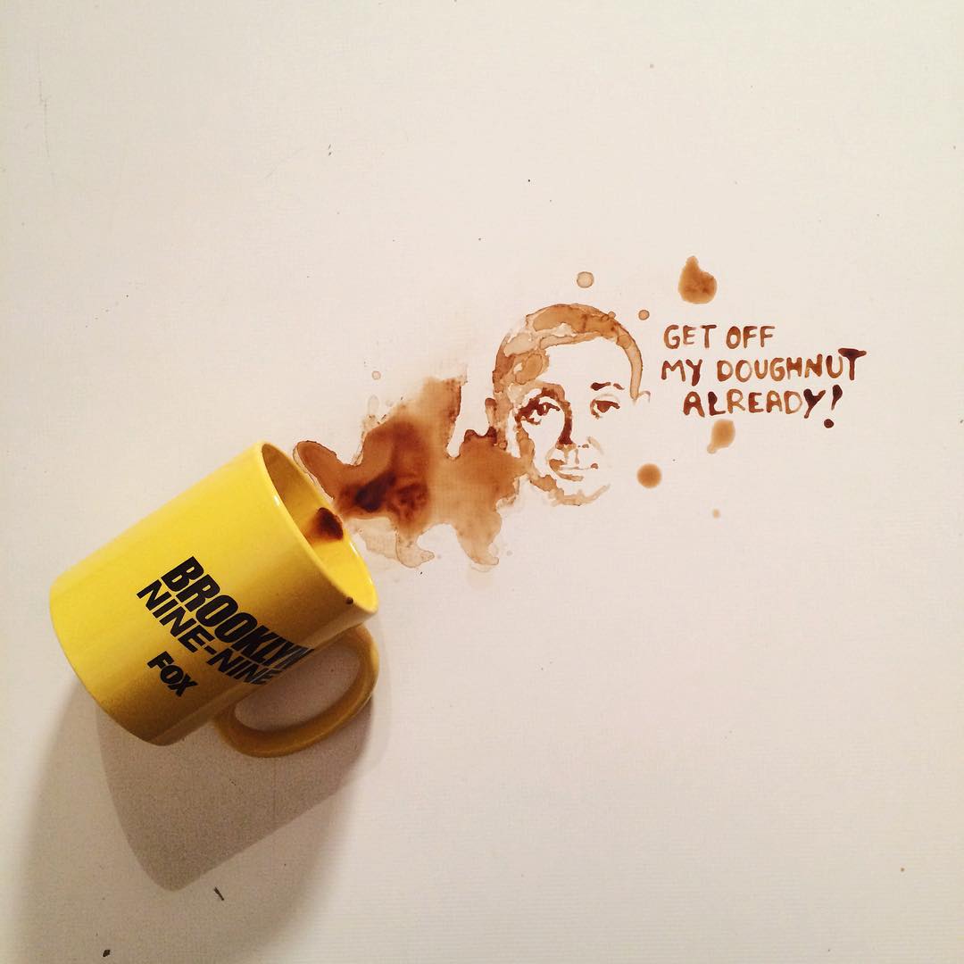 An inventive coffee spill art portraying a person's image with a humorous text bubble