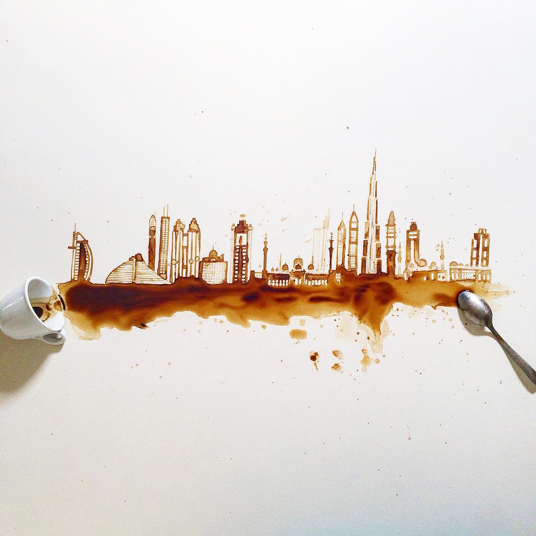 An inventive depiction of a city skyline created with spilled coffee