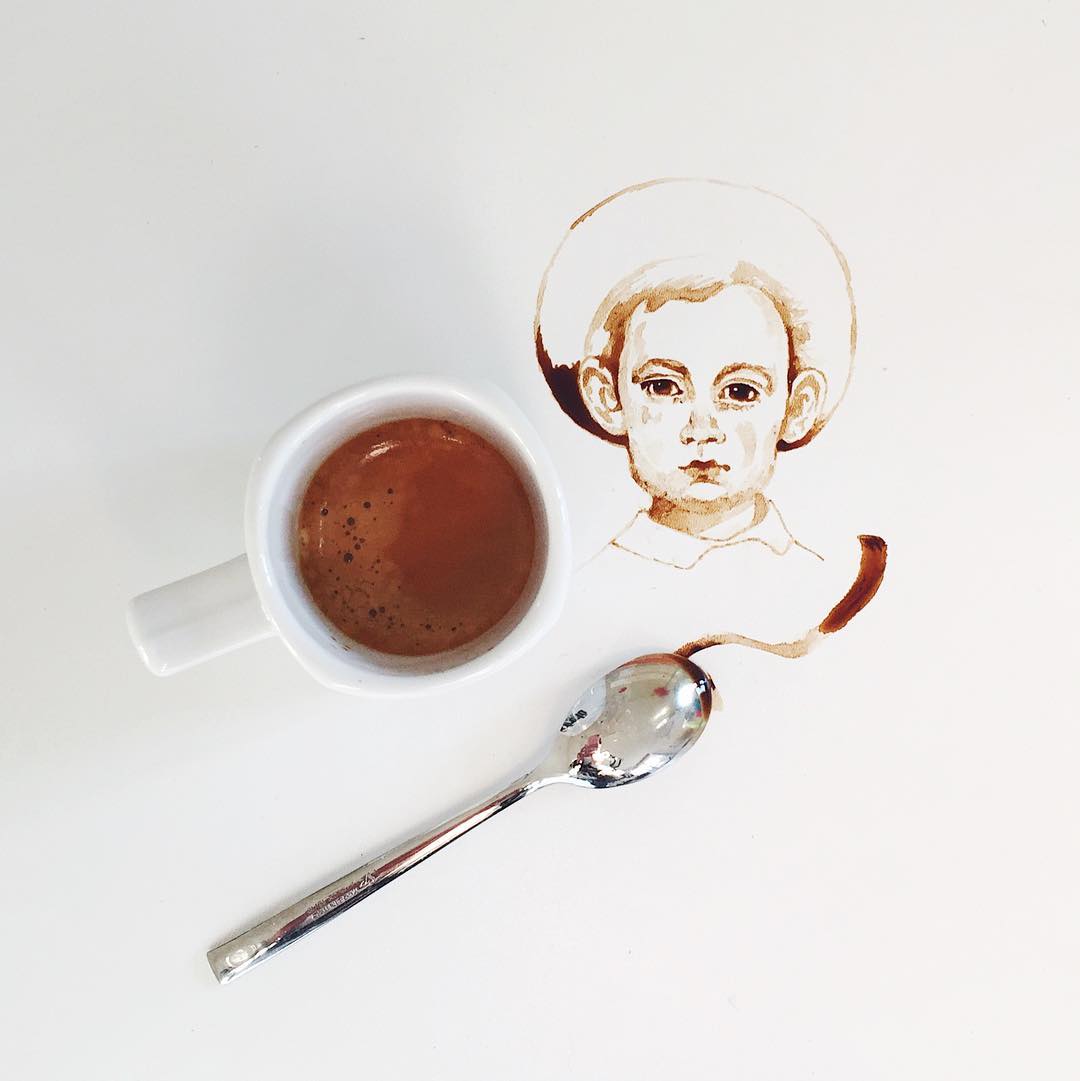 Artistic coffee spill resembling a child's portrait