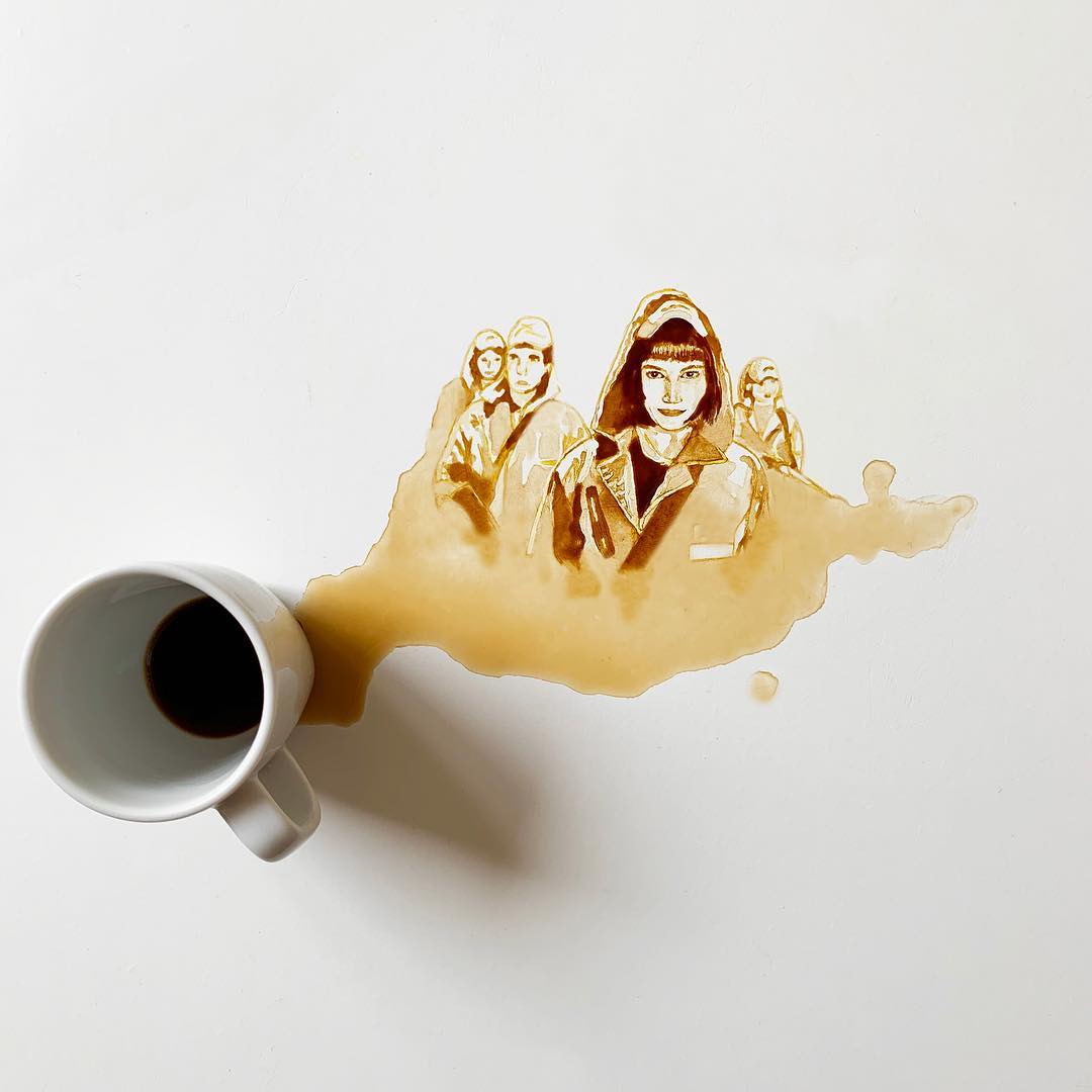 A clever use of spilled coffee on a white surface transformed into an artistic scene with silhouetted figures