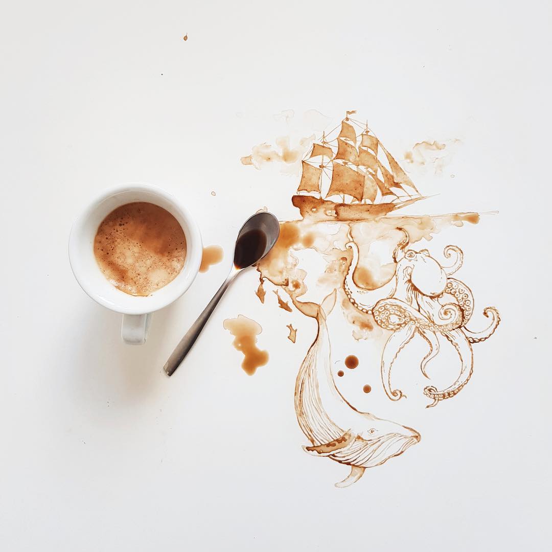 A whimsical composition of a sailing ship and a whale, brought to life with coffee stains