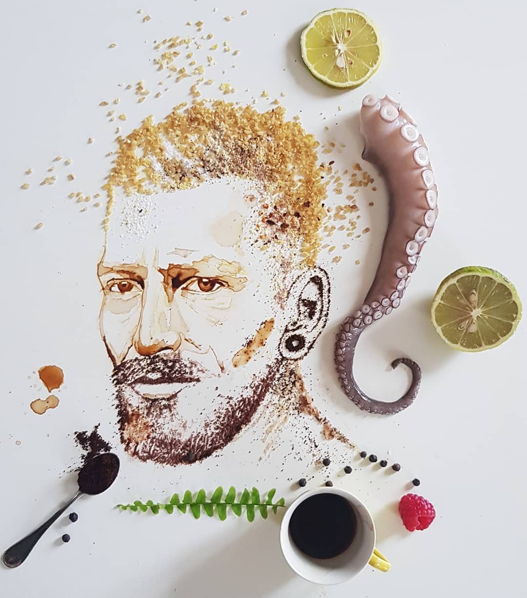 A portrait crafted with food items and spices