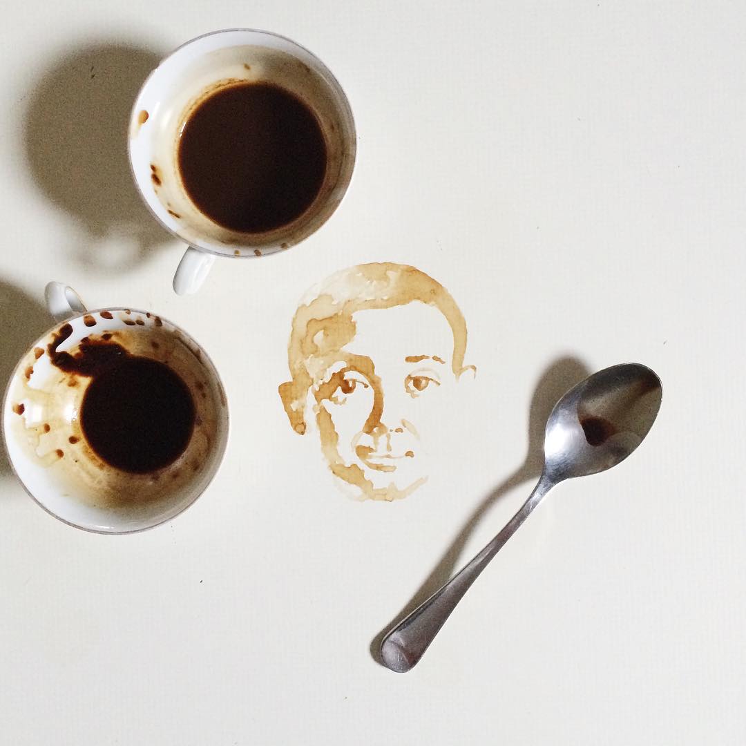 Artistic coffee spill forming a portrait