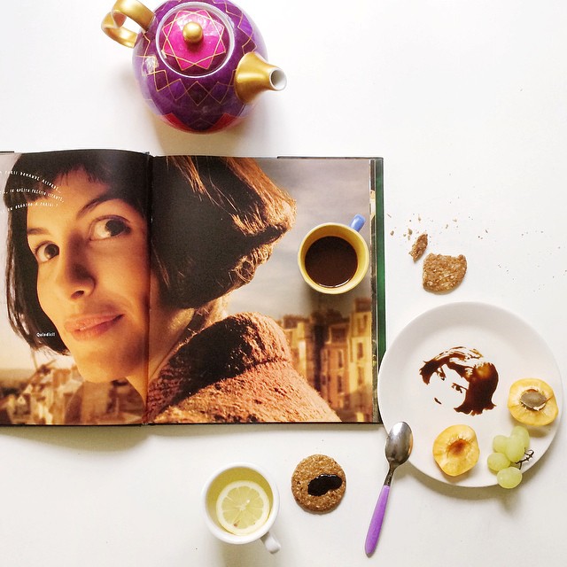 A carefully arranged breakfast scene with a vibrant magazine spread.