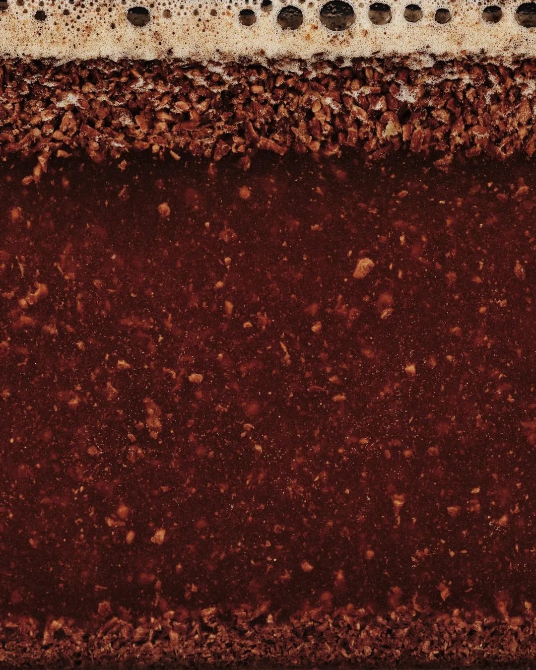 Close-up view of a rich chocolate brownie with a foamy top layer