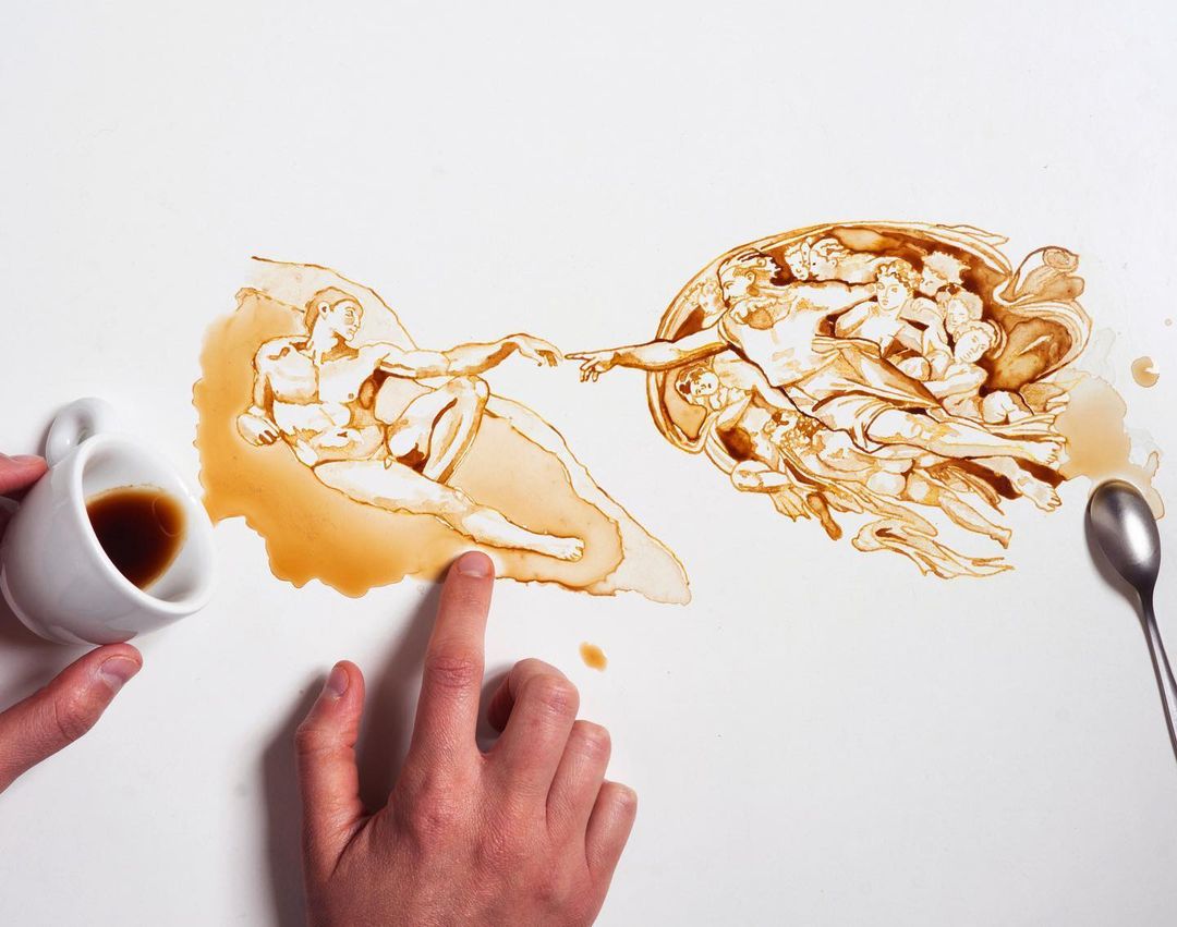 A creative artwork depicting figures created with coffee spills