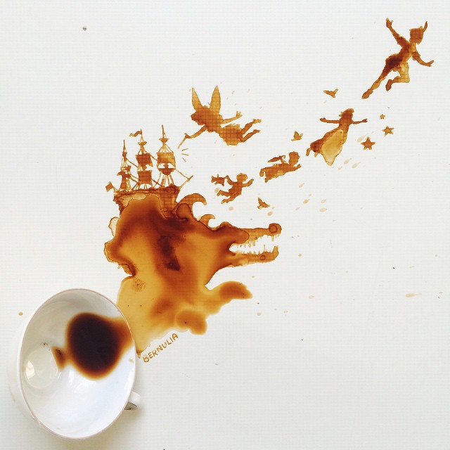 Creative coffee stain art with spills forming a sketched scene