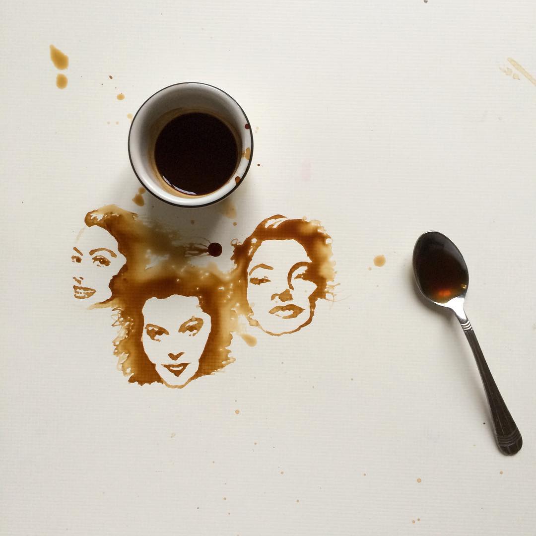 Artistic depiction of faces created with coffee spill