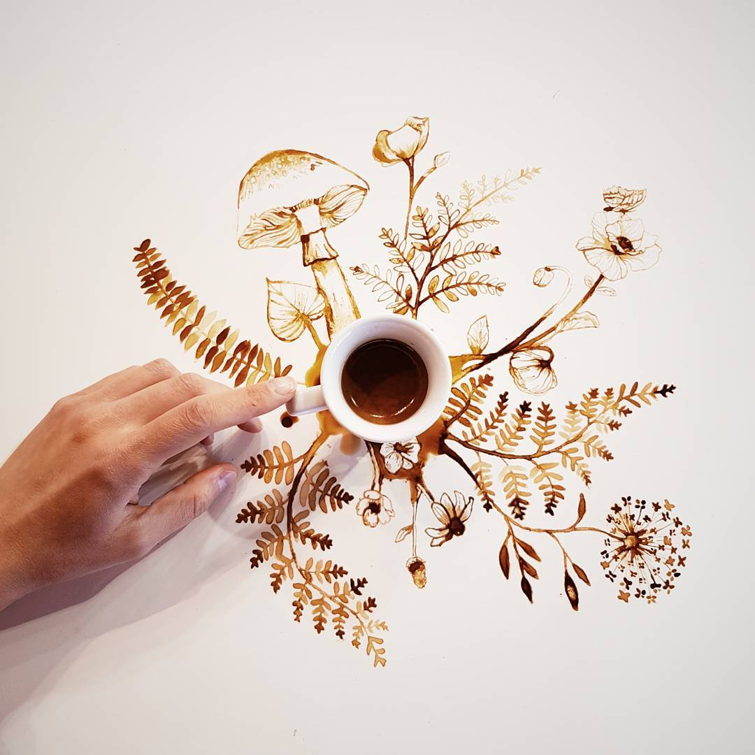 Artistic coffee spill creating botanical illustration