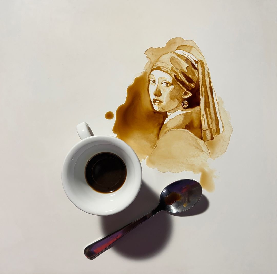 A cleverly crafted spilt-coffee art piece resembling a famous classical portrait