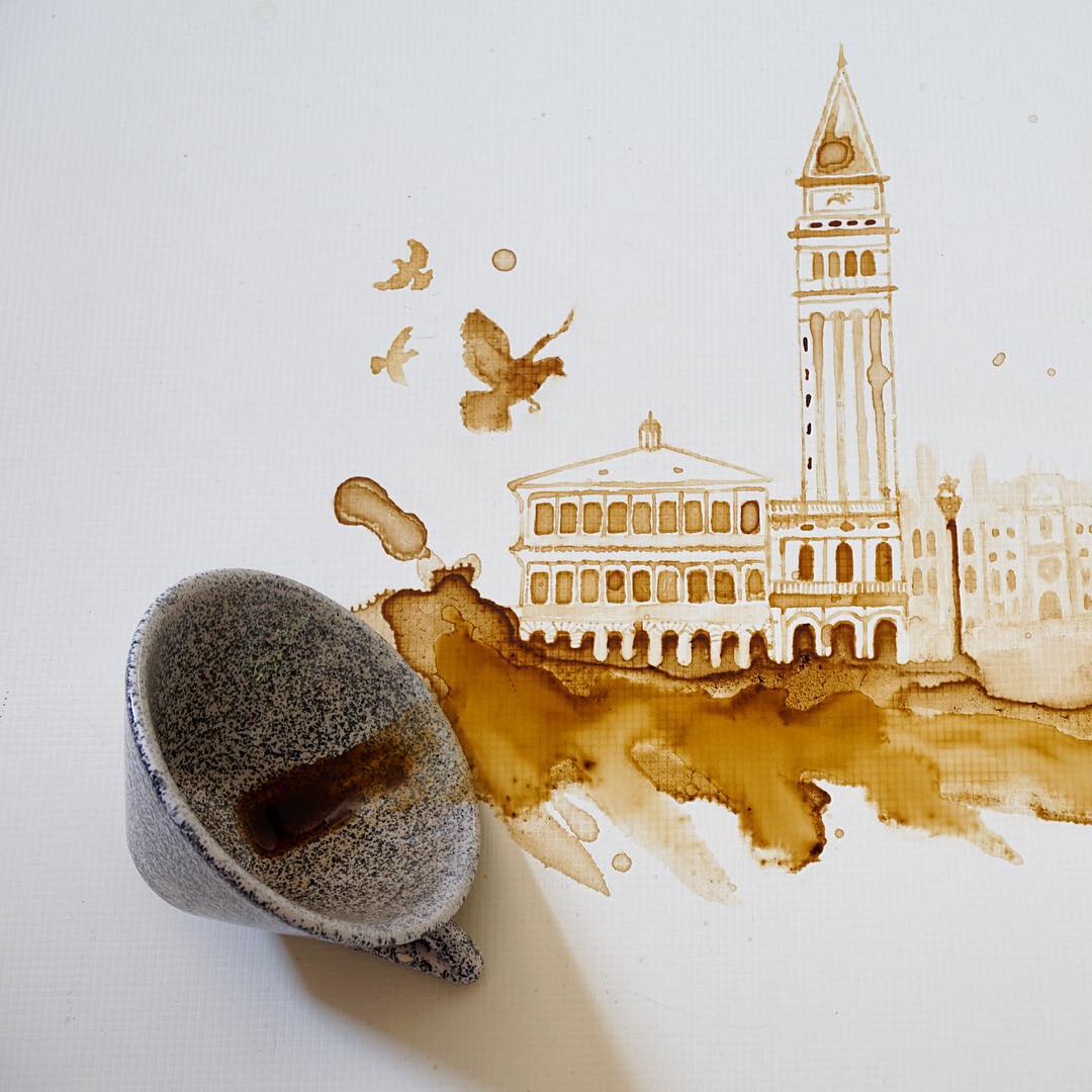 An imaginative artwork displaying a historical building and tower crafted out of spilled coffee