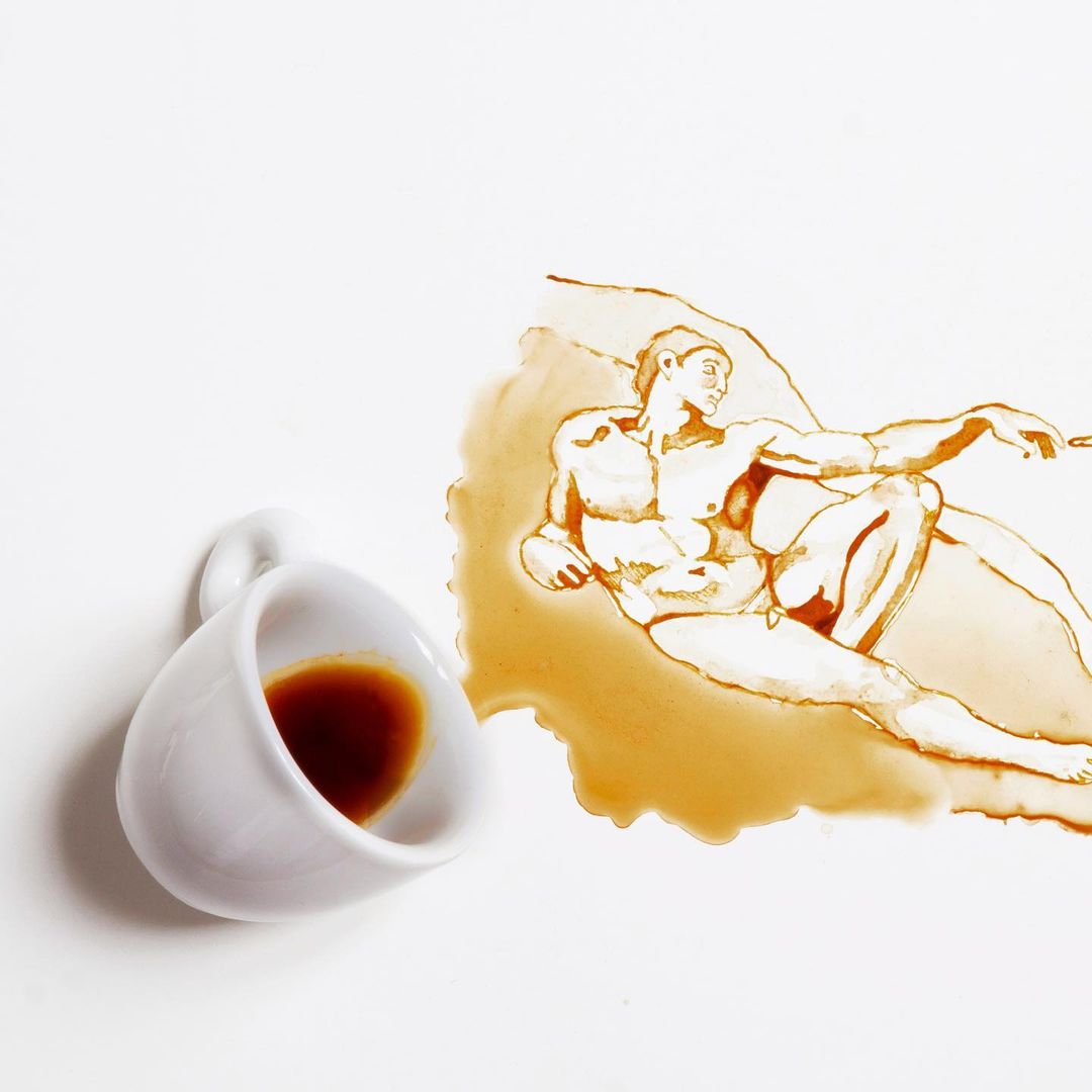 A whimsical piece of art portraying a figure drawn with spilled coffee