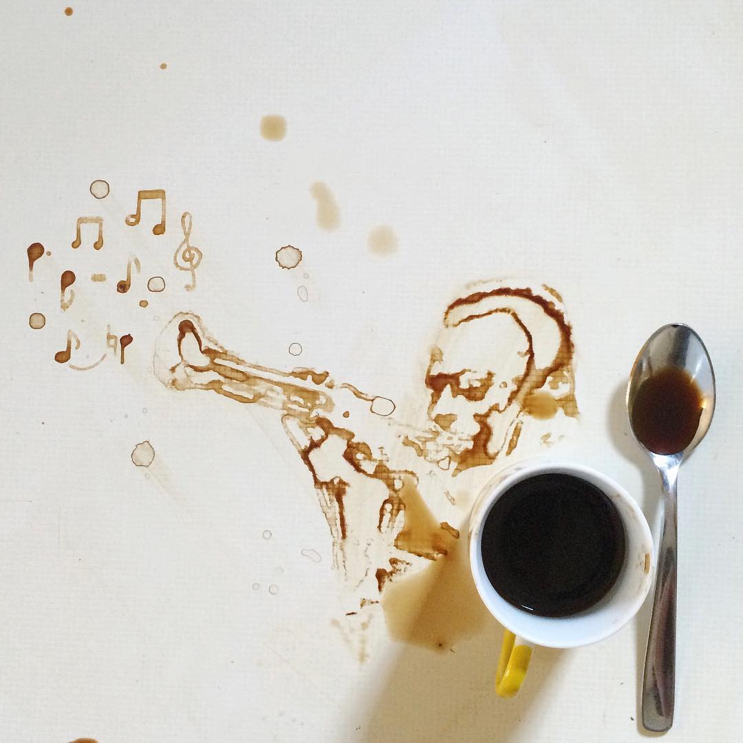 A creative spill of coffee crafting a saxophonist silhouette with musical notes floating