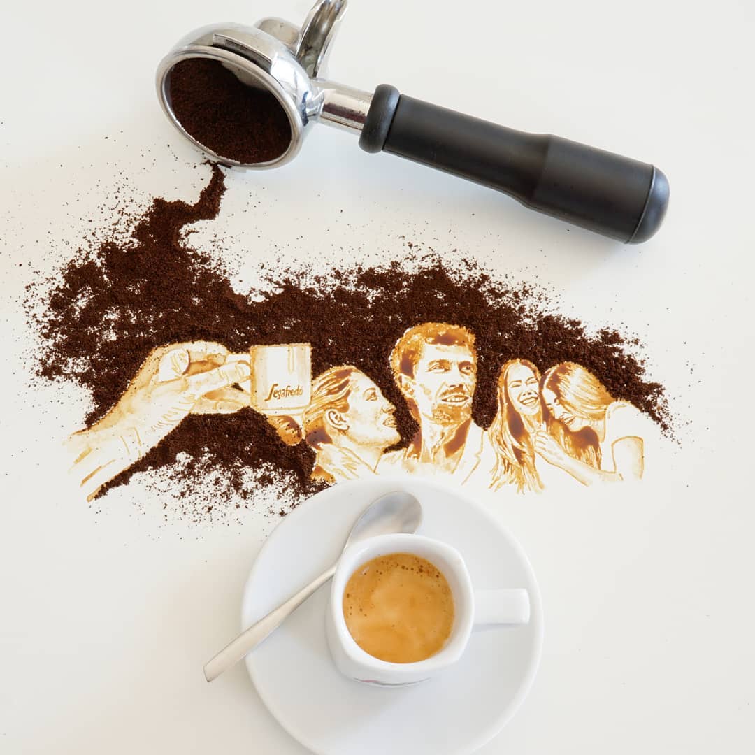 Artistic coffee ground portrait with espresso cup