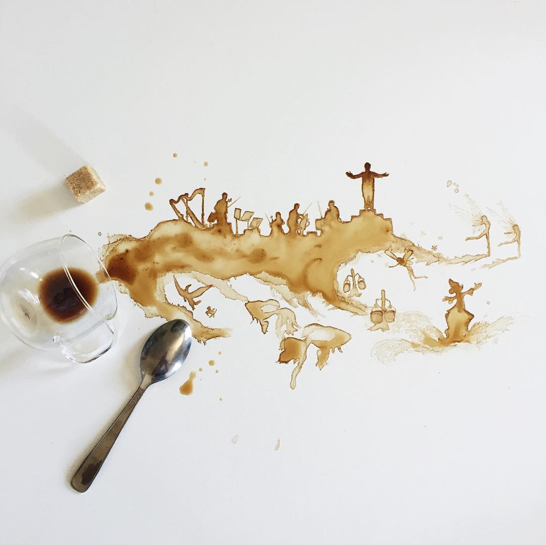 A whimsical coffee spill art depicting various human figures and a dynamic landscape