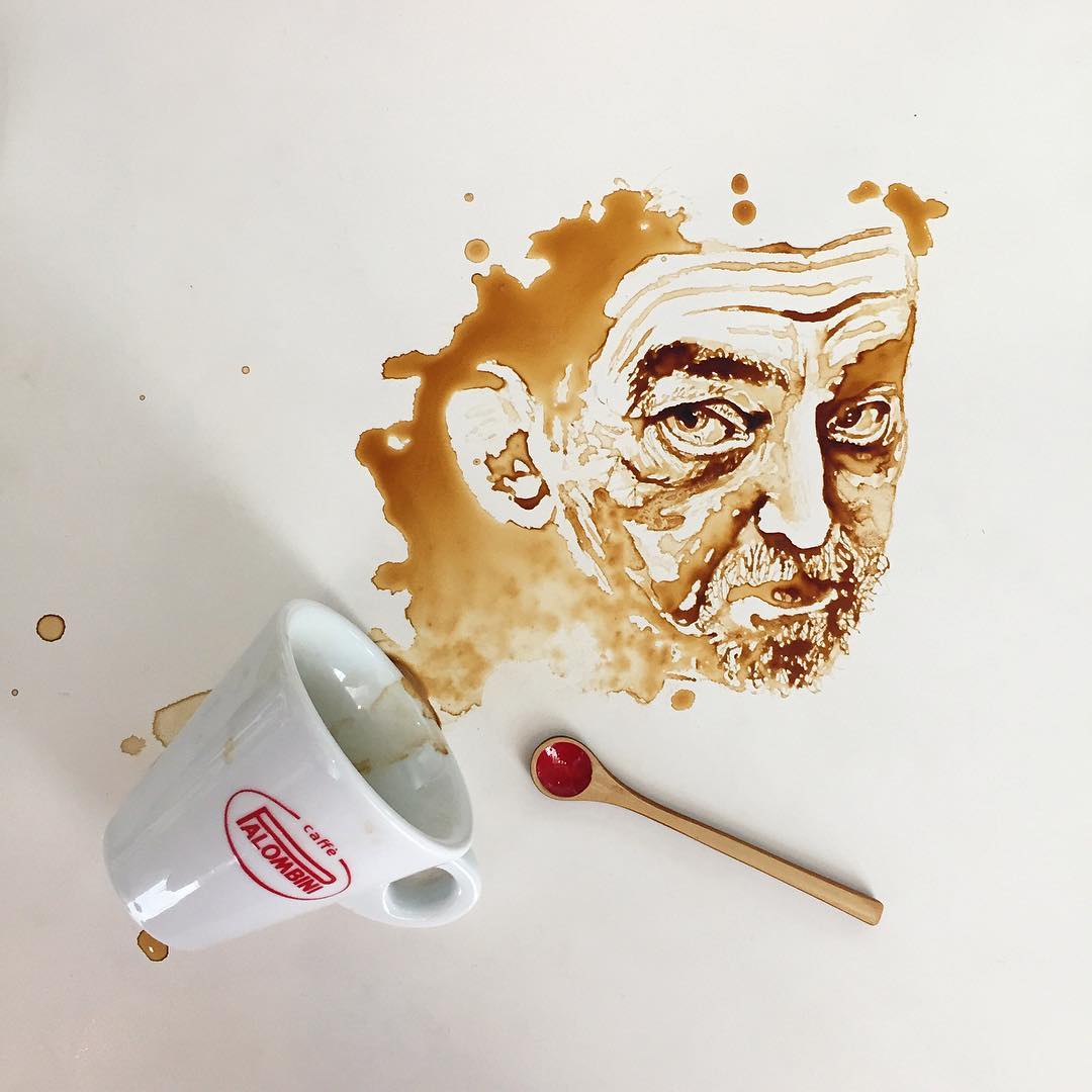 A unique piece of art created with spilled coffee forming an expressive face