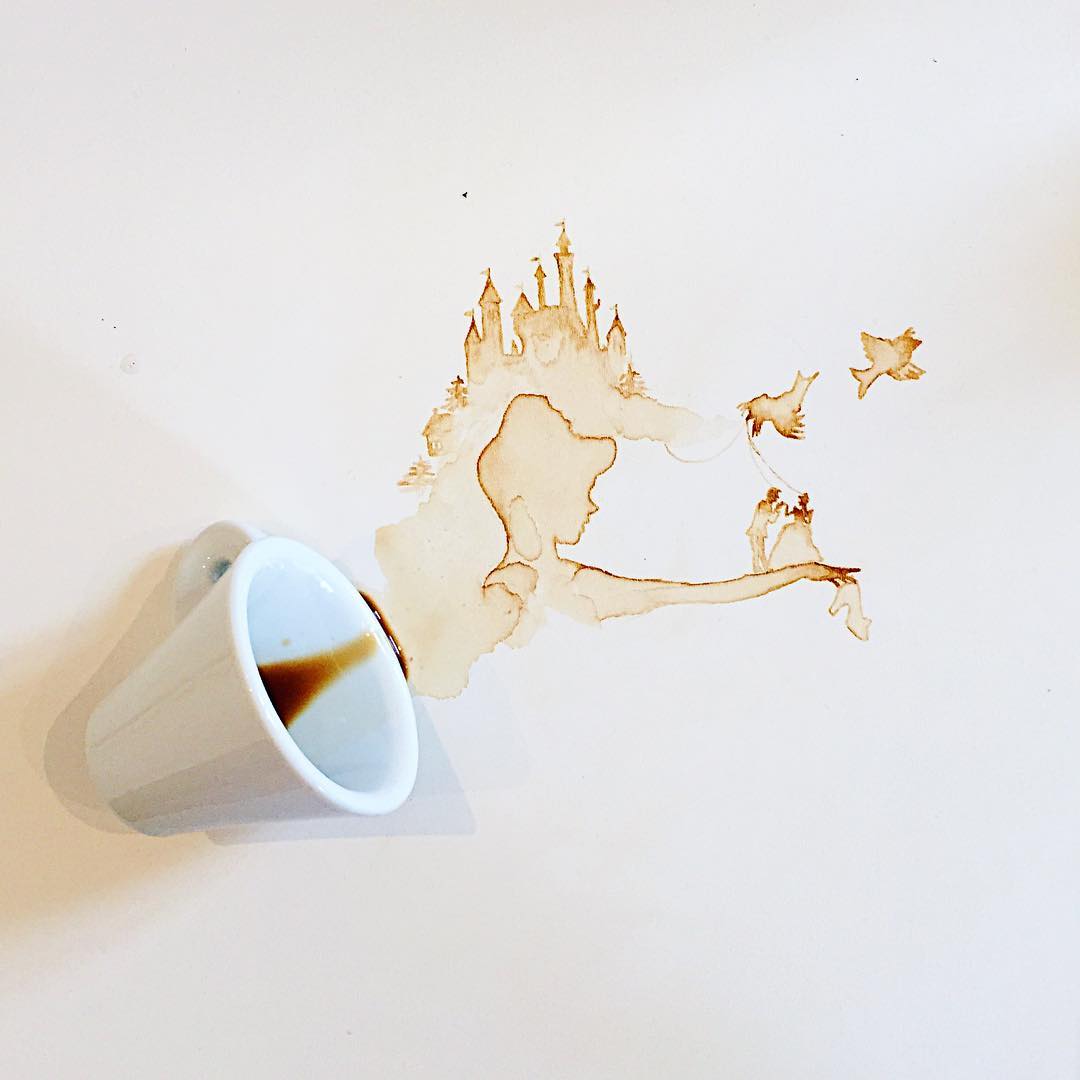 Spilled coffee art depicting a fairy tale scene with a castle