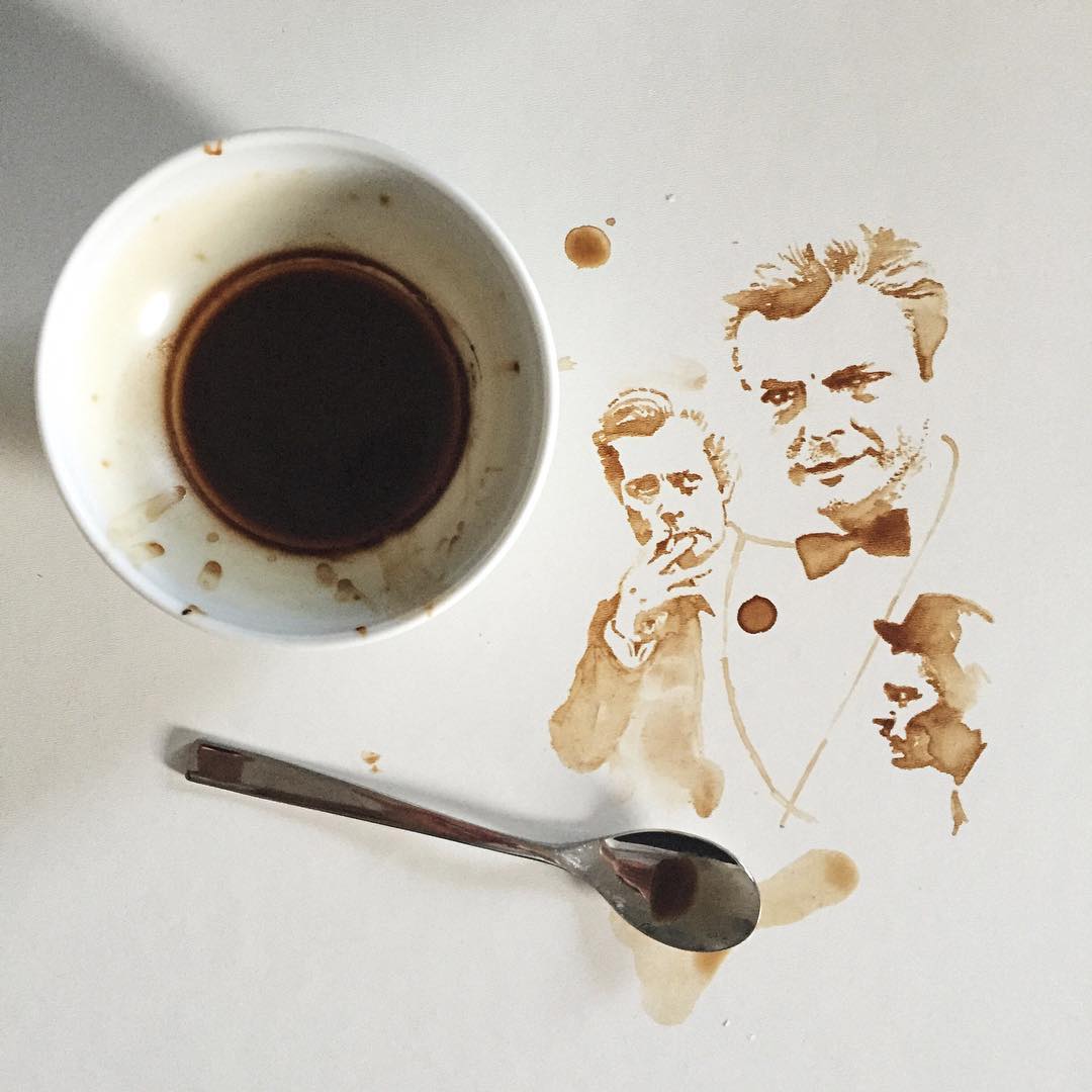 A unique work of art featuring two figures created using coffee stains