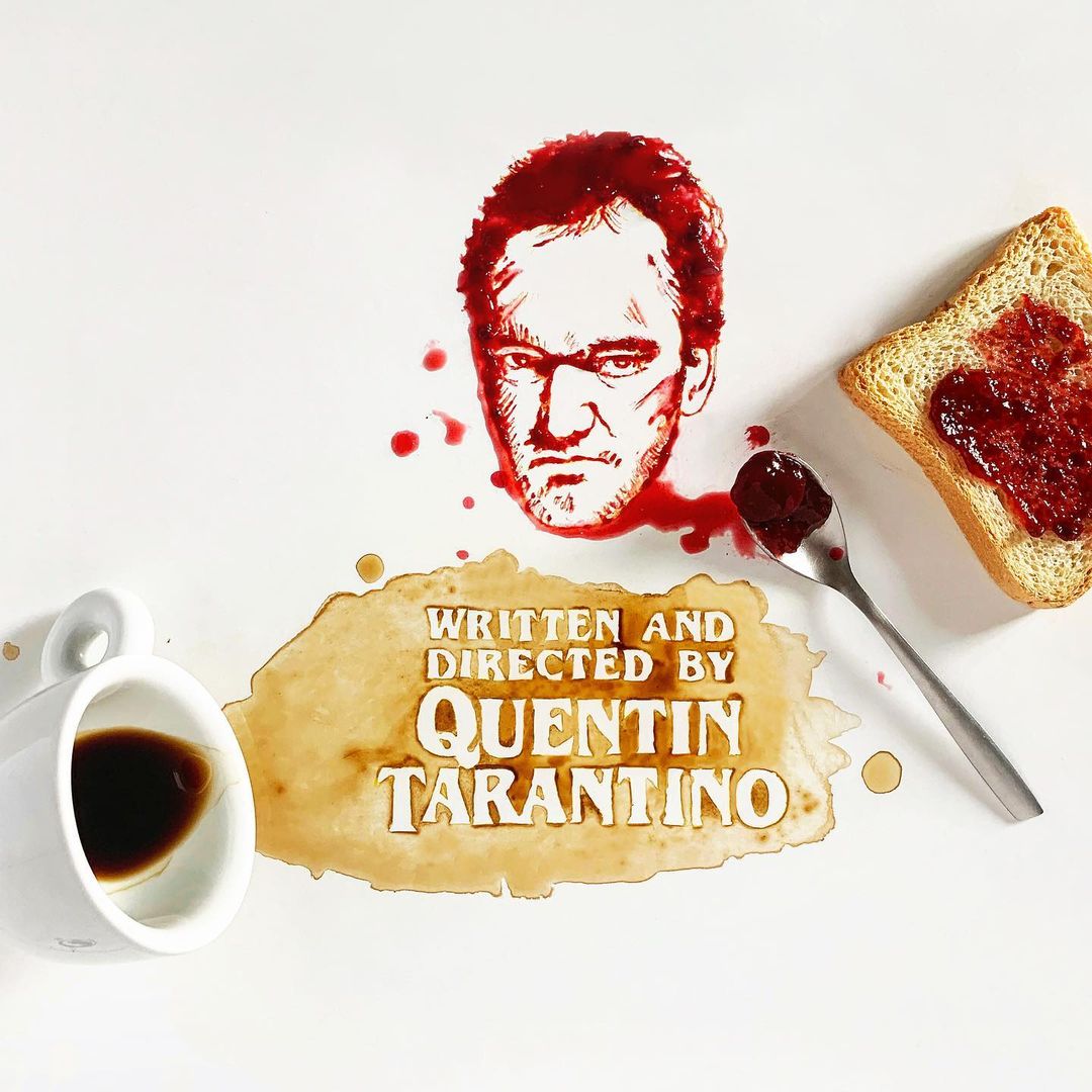 Artistic representation of Quentin Tarantino in food elements, with his name and title artistically written in the theme of a movie credit