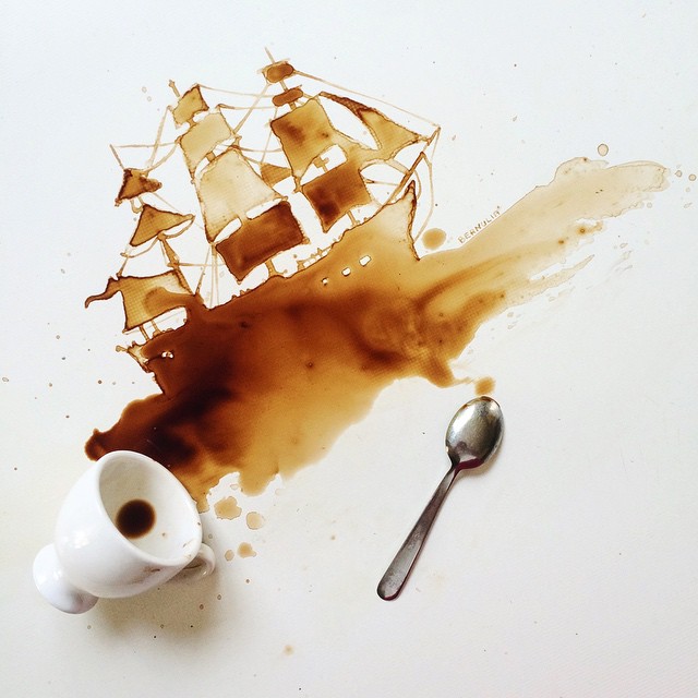 Artistic depiction of a ship sailing, created using spilt coffee