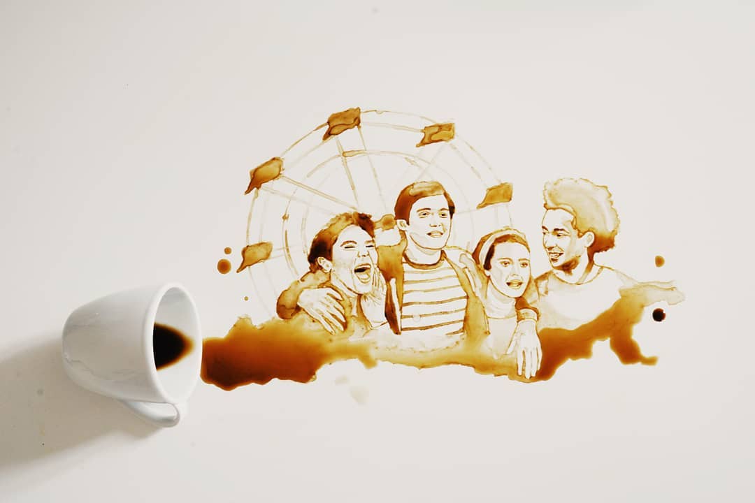 A whimsical depiction of joy with figures sketched in spilled coffee