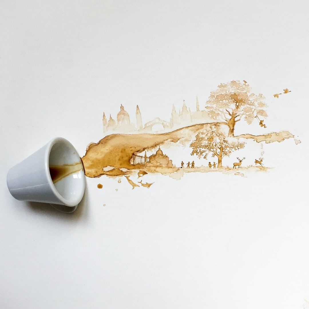 An imaginative illustration where a spilled cup of coffee transforms into a landscape scene