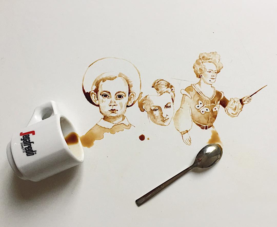 A spilled coffee cup transformed through art into a flowing scene with figures painted in coffee