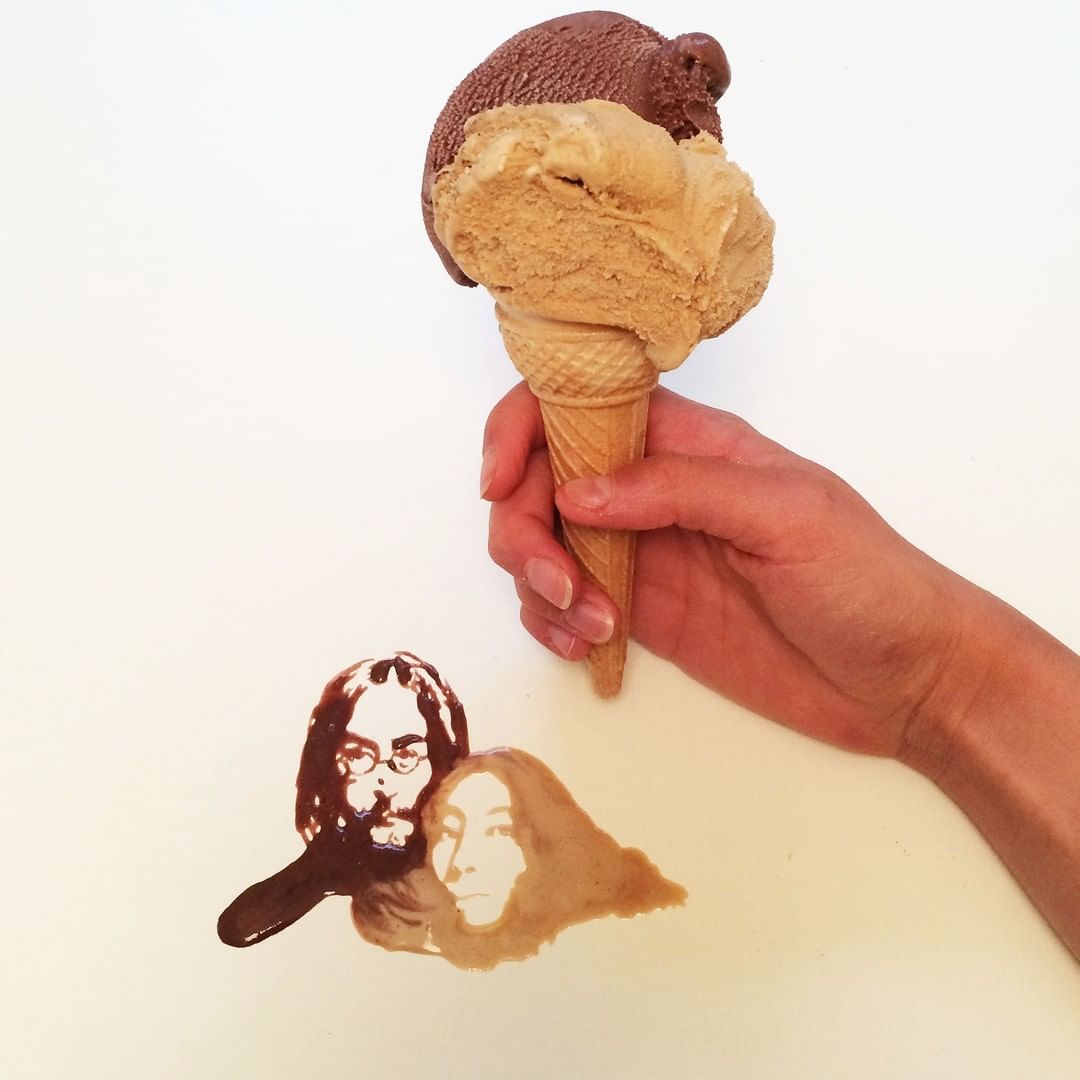 An artistic ice cream cone masterpiece melting into famous figures on a white surface