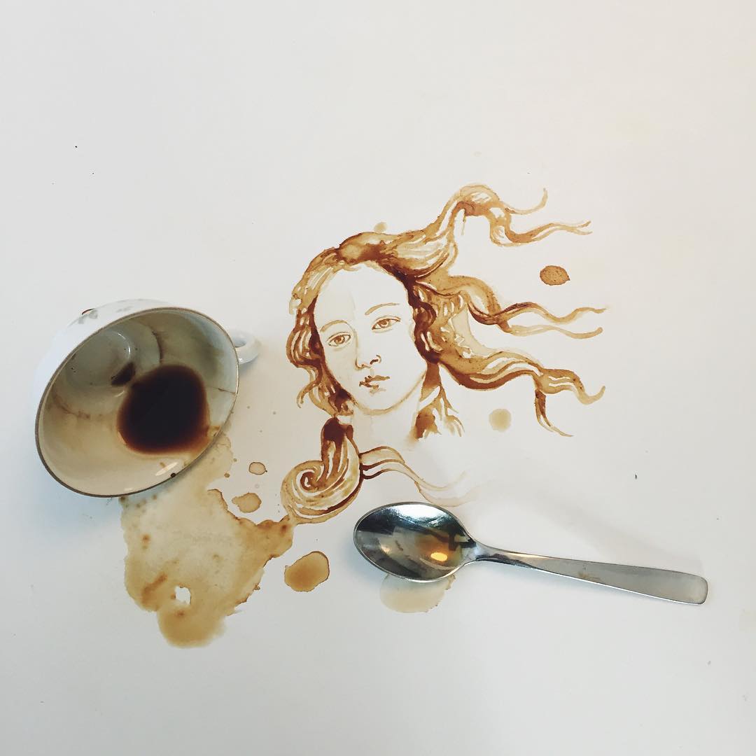 A unique portrait painting created with spilled coffee