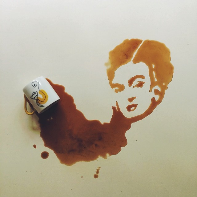 A unique coffee spill art depicting a face