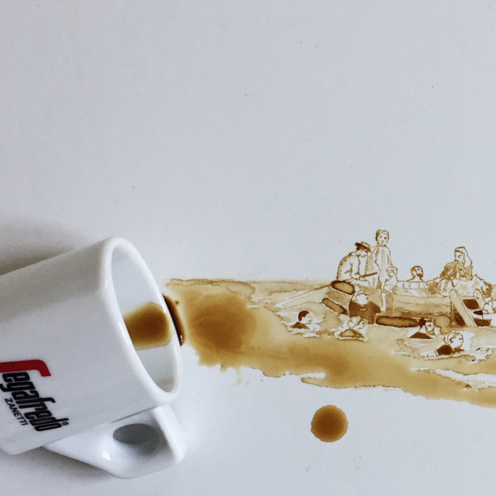 An imaginative artwork where a spilled coffee creatively forms an image of people by the seaside.