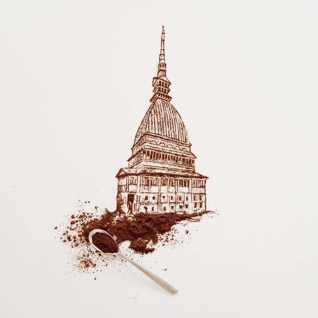 Artistic depiction of Mole Antonelliana made with coffee