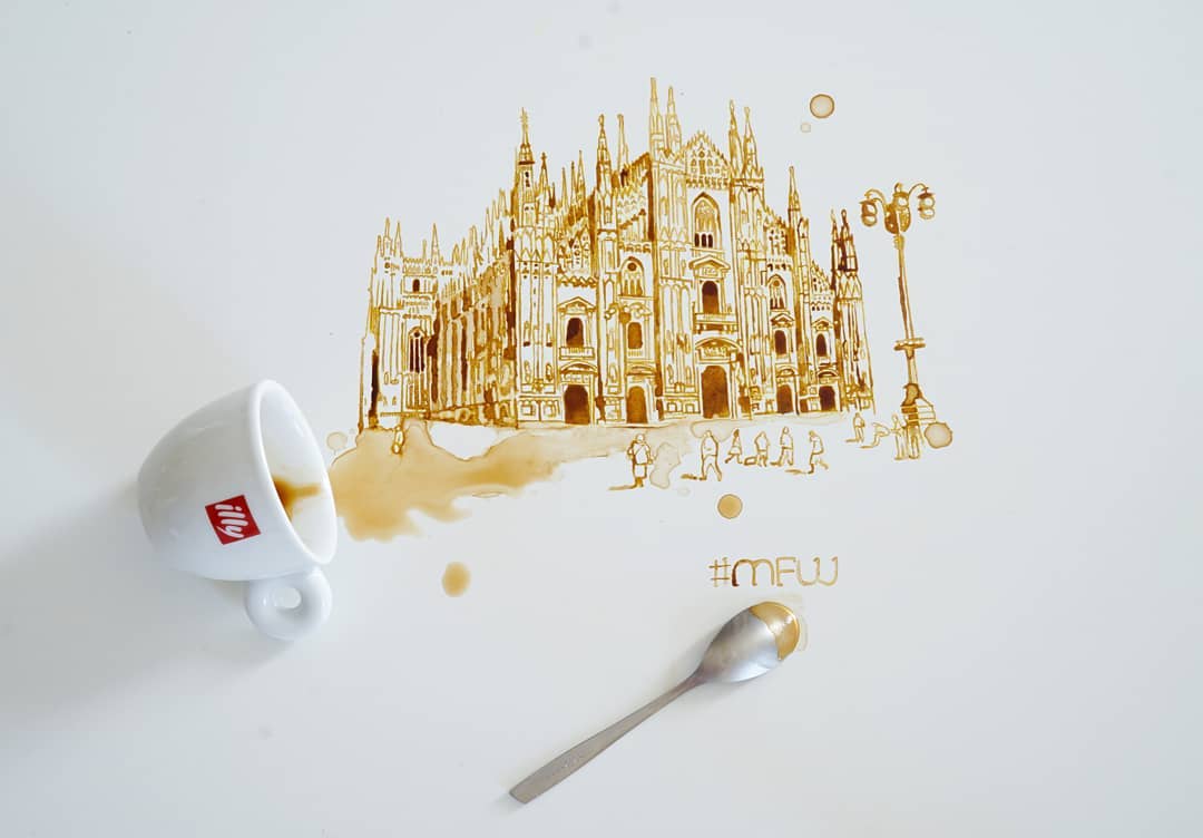 An artistic depiction of Milan Cathedral created with spilled coffee