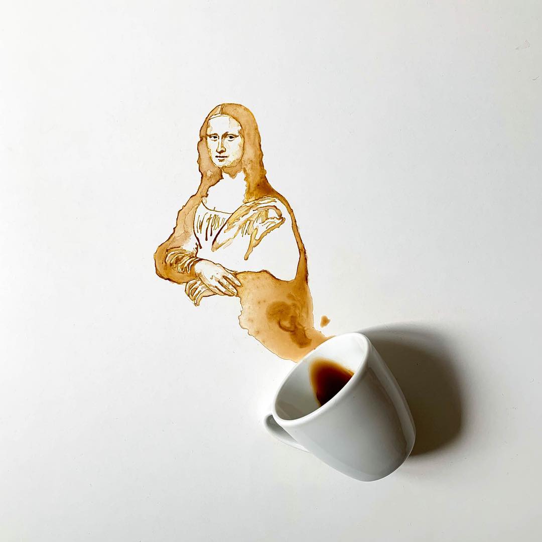 Artistic representation of a worldwide known painting made with coffee spill