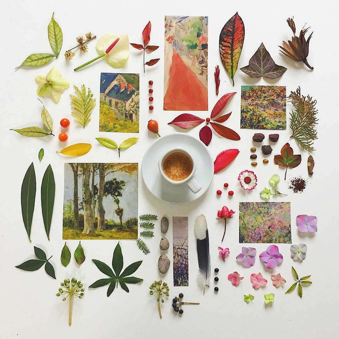 A harmonious composition of nature and art surrounding a cup of coffee