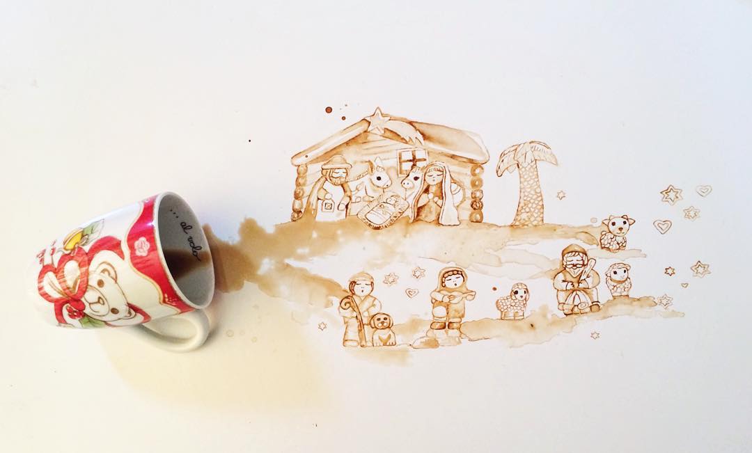 Spilled coffee forming artistic figures