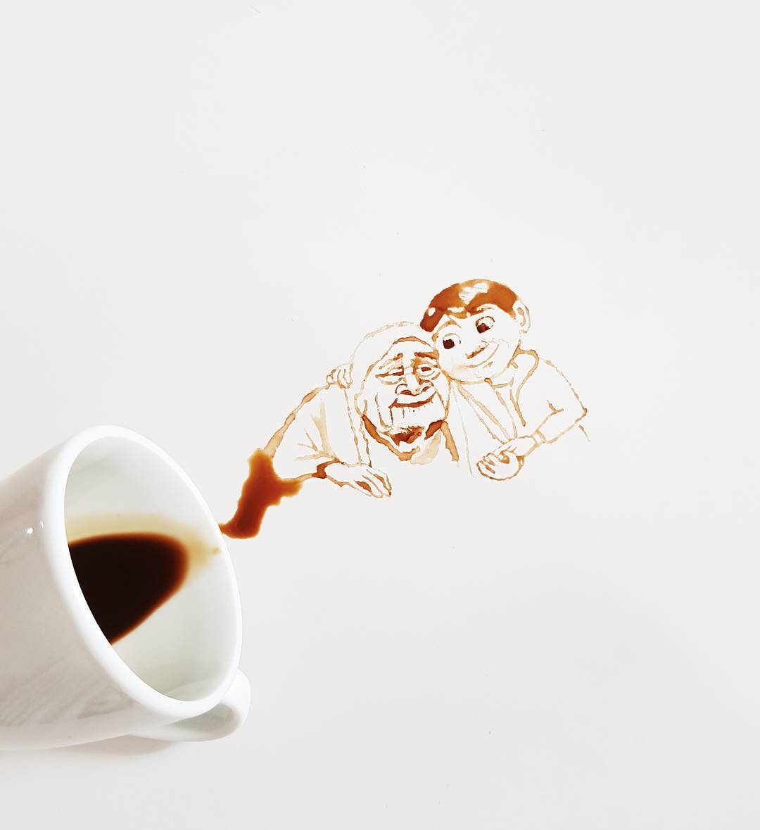 An artistic spill of coffee creating an abstract depiction of an elderly person and a child