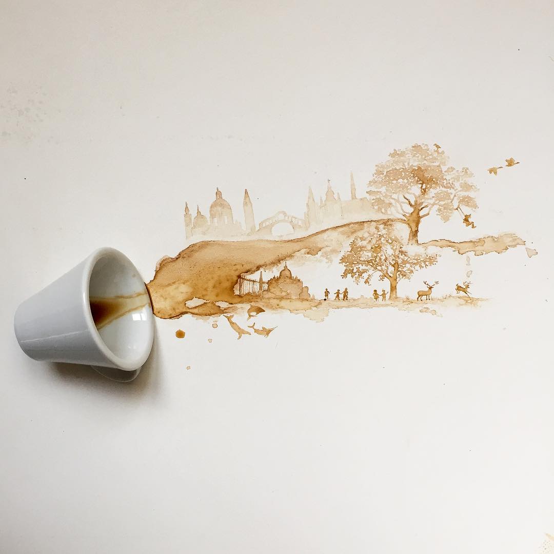 Spilled coffee imaginatively transforming into a landscape painting