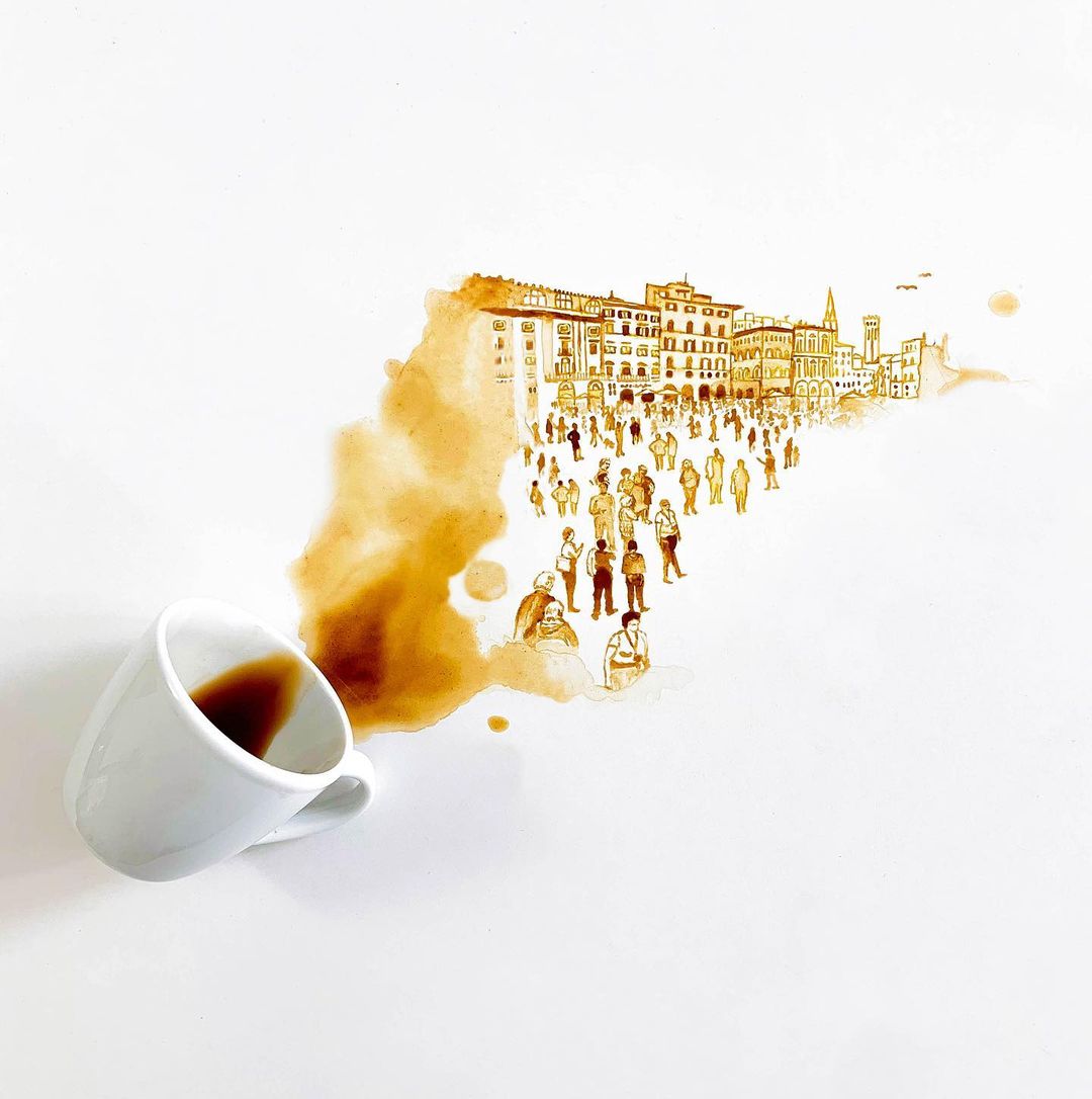 Abstract art of a spilled coffee transforming into a streetscape with people