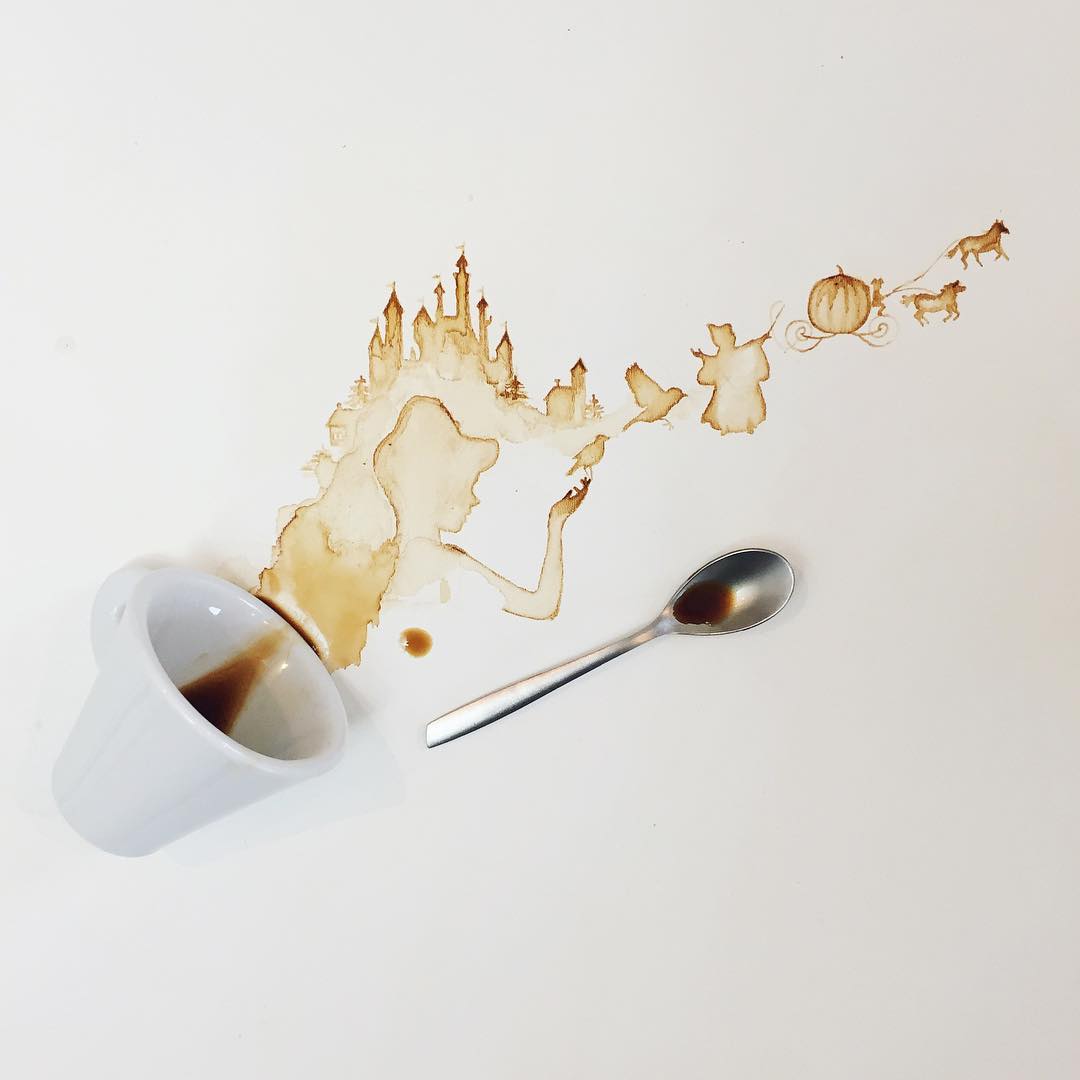 A whimsical spilt coffee art resembling a fairytale scene with a castle and a princess silhouette