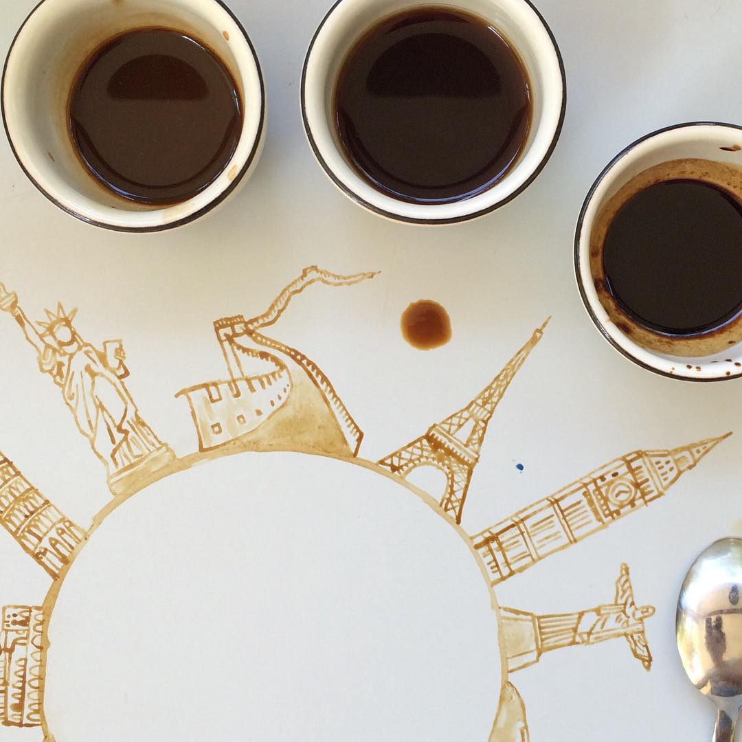 A whimsical artwork of famous landmarks created with coffee